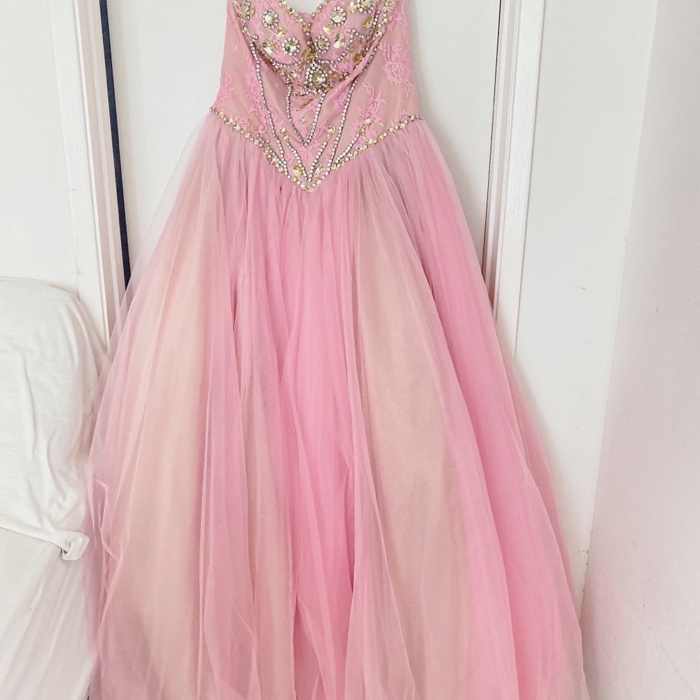 PINK BLUSH SOFT CRYSTAL LACE SHERRI HILL PRINCESS WEDDING PROM BALLGOWN SIZE 12 - Picture 8 of 16